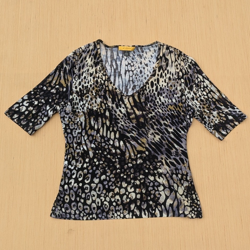 St. John Blouse Leopard Cheetah Animal Chic Luxury V-Neck Career Women's Medium